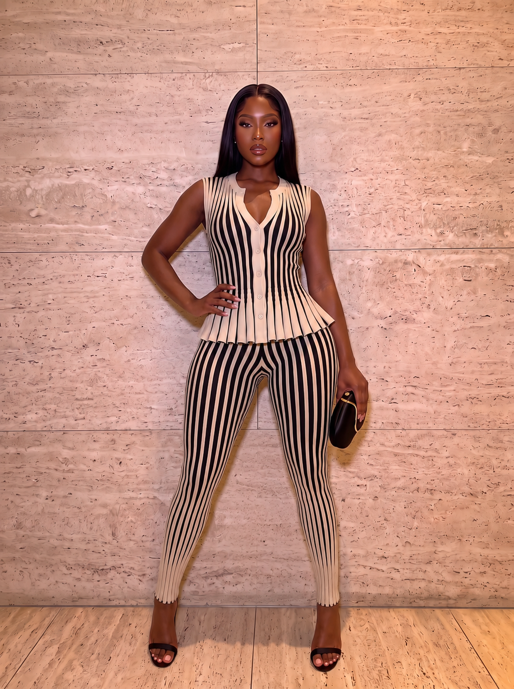 CHIC CONTRAST RIBBED TWO-PIECE SET