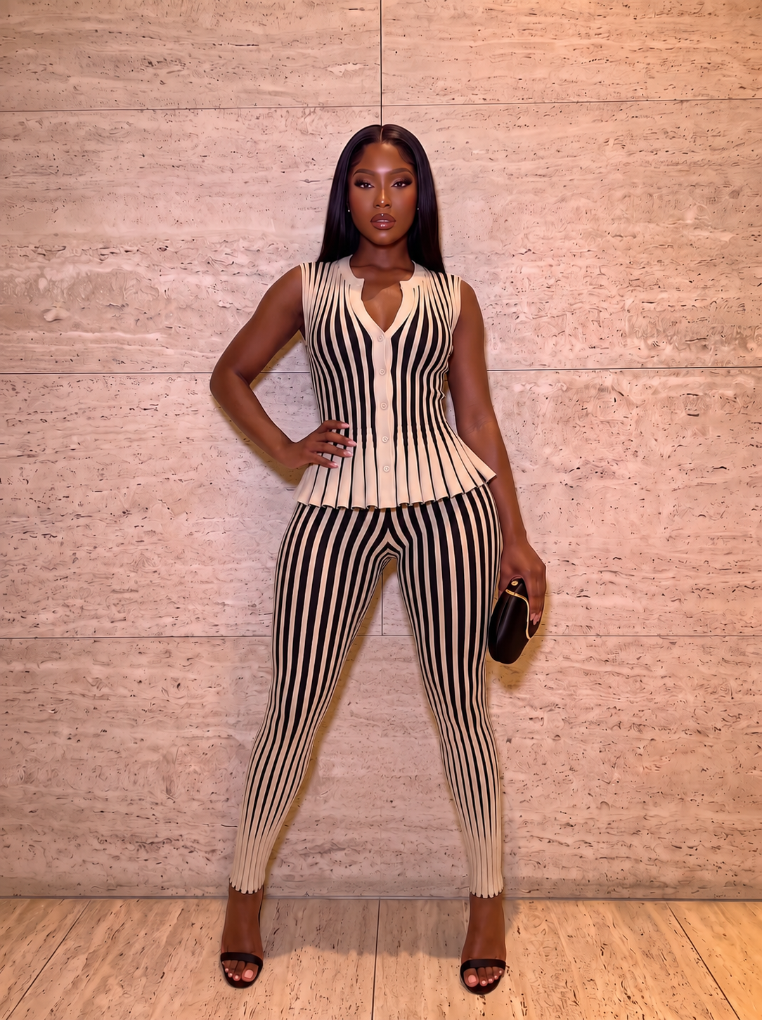 CHIC CONTRAST RIBBED TWO-PIECE SET